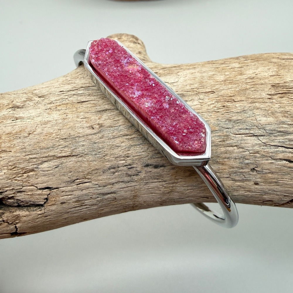 Kinsley Armelle Pink Druzy Silver Cuff Bracelet Hexagon Crystal Boho Jewelry